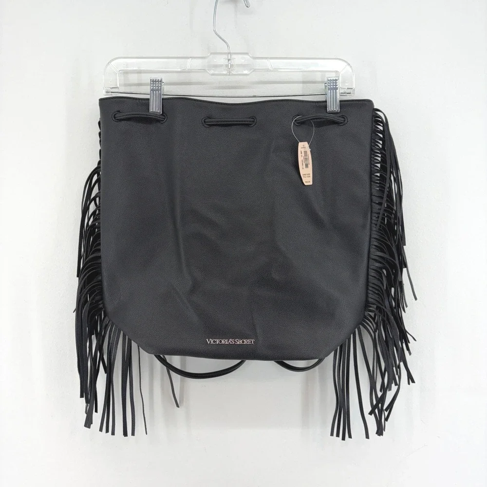 Victorias Secret Black Fringe Bucket Backpack Faux Leather NEW Boho Western Chic